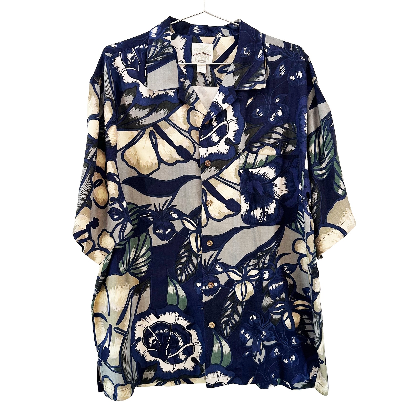 Tommy Bahama 100% Silk Hawaiian Button Up Shirt Large Navy Blue, Green, Tan